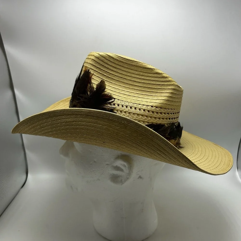 Straw Cowboy Hat Laredo Texas Western Beige Feather Hat Band Mens Womens 6 7/8